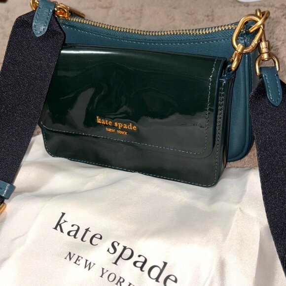 Kate Spade Double Up Patent Leather Crossbody Bag In Green & Teal Adj Strap - Picture 3 of 16